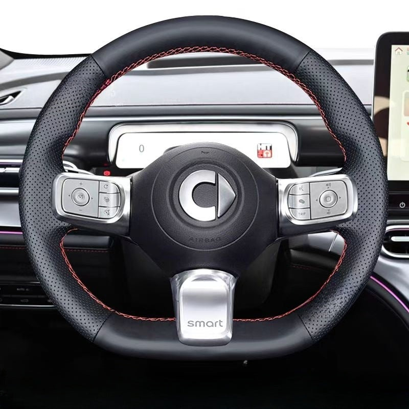 Genuine leather hand-stitched steering wheel cover for smart #5