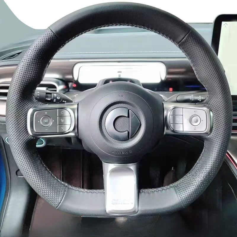 Genuine leather hand-stitched steering wheel cover for smart #5